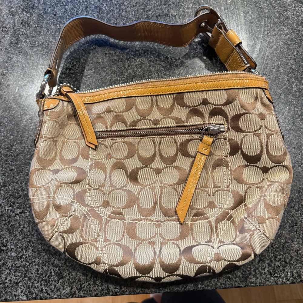 Coach Tan and Brown Shoulder Bag with Signature Monogram
